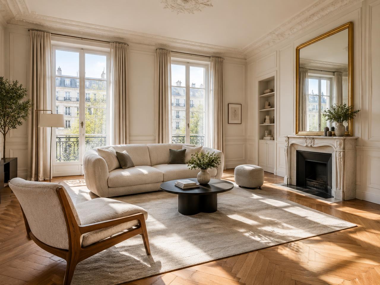 Salon lumineux d'un appartement photographié pour une annonce de location